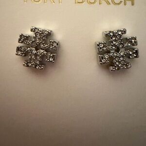 Tory Burch Silver Crystal Logo Stud Earrings